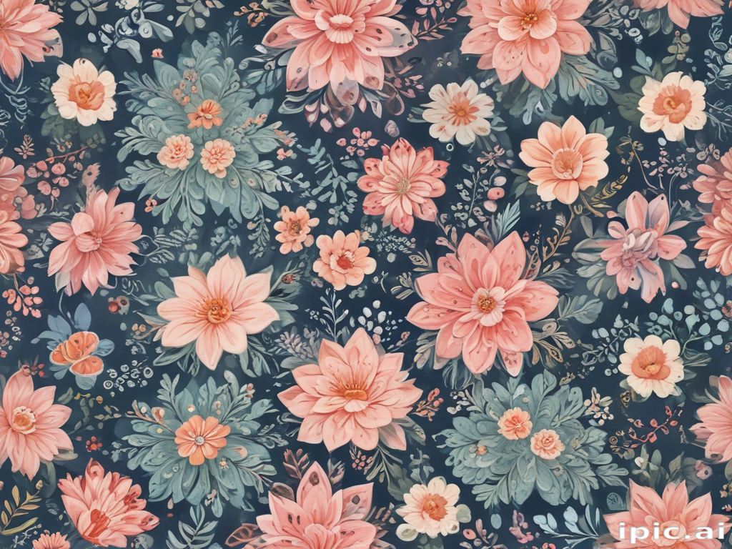 Vibrant Floral Pattern Featuring Diverse Blooms Against a Dark Background