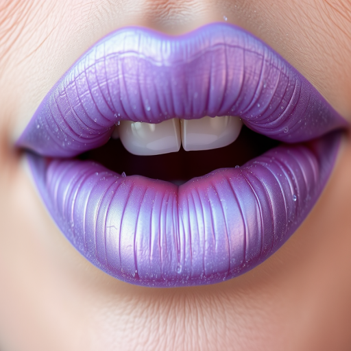 Frosted lavender lips with a cool, iridescent sheen, showcasing a unique and ethereal beauty that's both whimsical and sophisticated