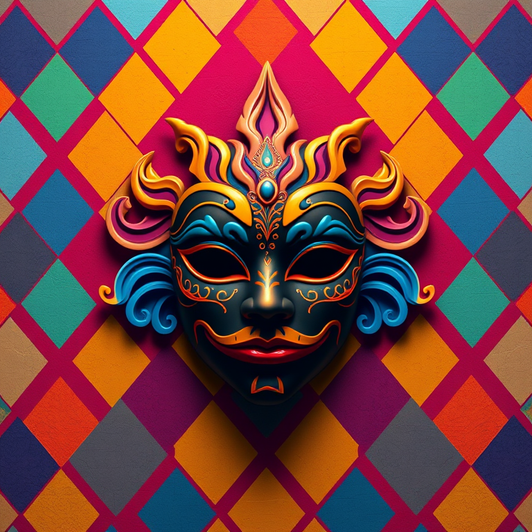 Create a vibrant digital illustration of a decorative mask centered against a colorful diamond-patterned background, using a Canon EOS R5, aperture f/2.8, ISO 100, 24mm lens, shot in portrait mode for enhanced detail and clarity.