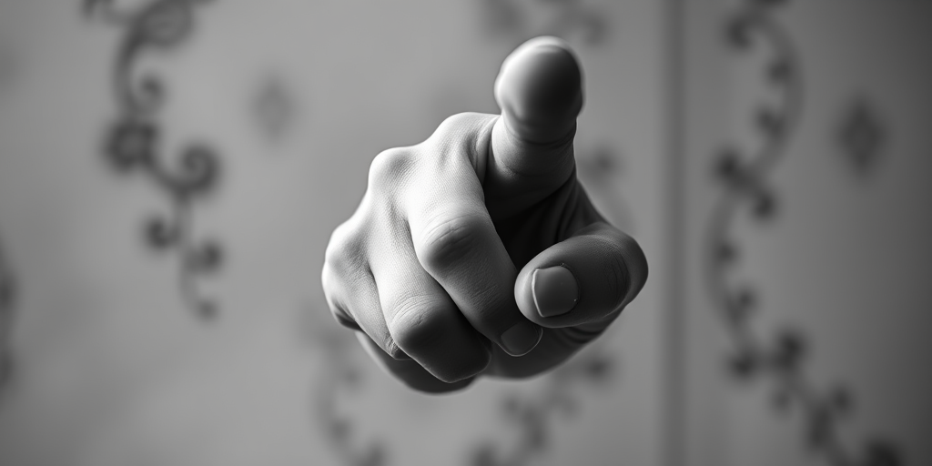 Create a highly detailed digital illustration of a vintage style pointing hand, using a Canon EOS R5, 50mm f/1.2 lens, ISO 100, f/8 aperture, with soft natural light and a high-contrast monochrome finish.