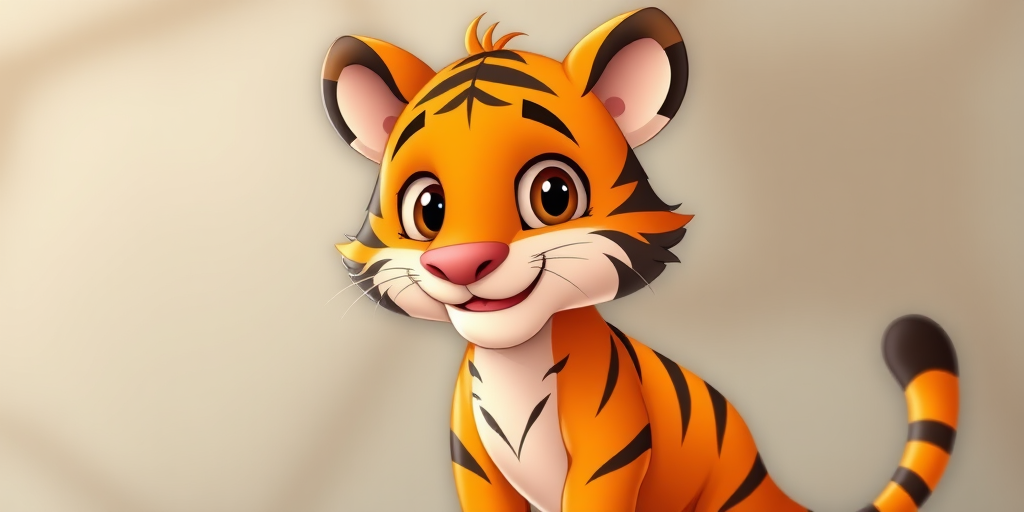 Create a digital illustration of a cartoon tiger standing proudly, featuring bright orange fur with black stripes, big expressive eyes, and a cheerful smile, with a soft focus effect at f/2.8, 50mm lens, daylight setting, and a whimsical style to enhance colors and details.