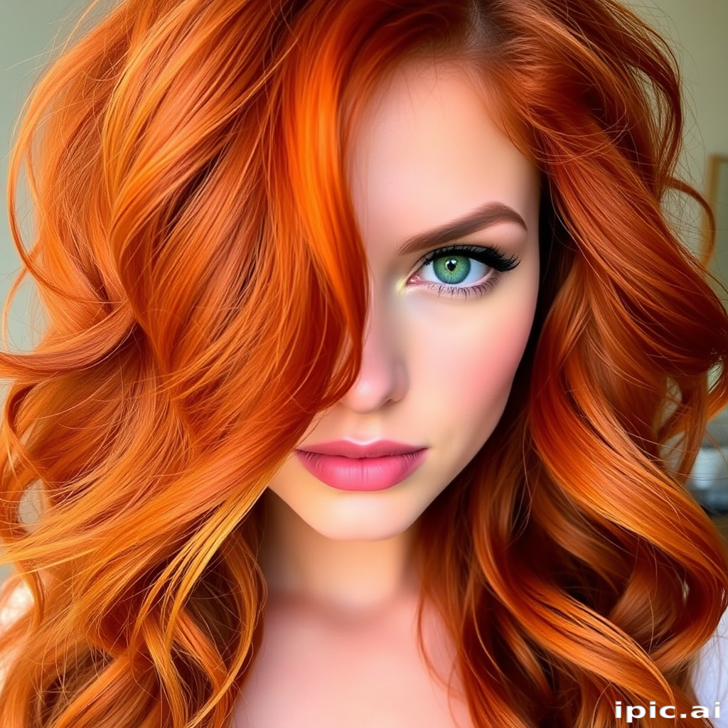 Vibrant auburn tresses cascade in loose waves, framing a porcelain face with emerald eyes, showcasing the Sunburst Flame style's fiery allure and voluminous texture