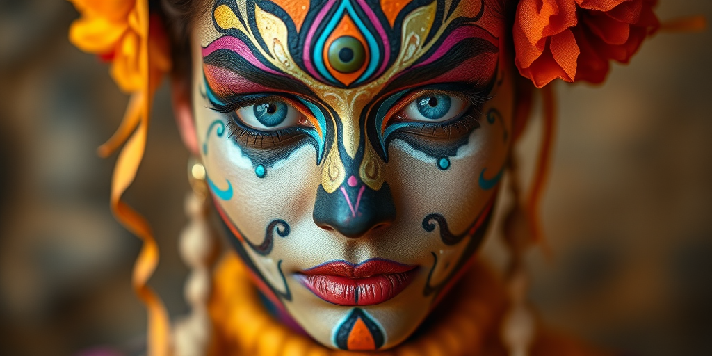 Regenerate the image of an intricately painted face with a third eye and vibrant colors, using a DSLR camera with a 50mm lens, f/1.8 aperture, ISO 100, and a soft focus background for depth, shot in HDR style to enhance clarity and detail.