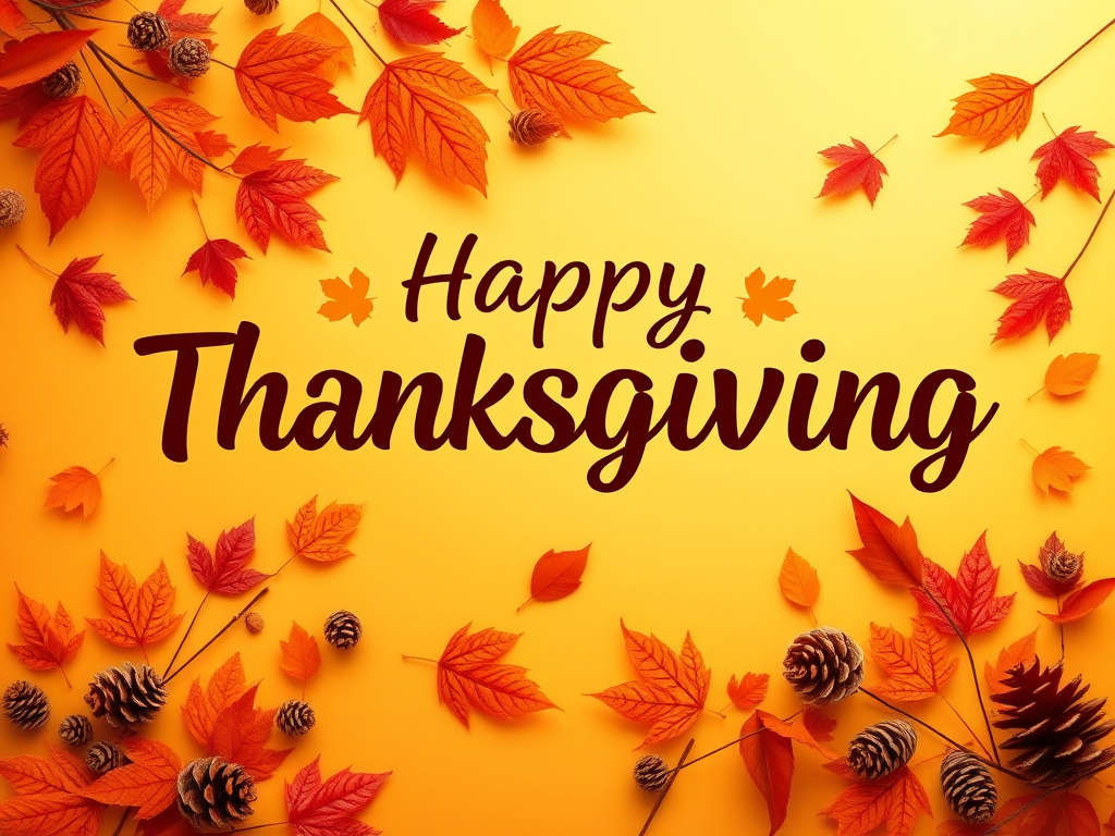 Create a warm and festive autumn-themed image with a gradient background of orange and yellow hues. Include a variety of falling leaves in shades of red, orange, and brown. In the center, display the text "Happy Thanksgiving" in a stylish and inviting font, using a dark brown color for contrast. Add subtle decorative elements like pine cones and additional leaves for a cozy, seasonal feel.