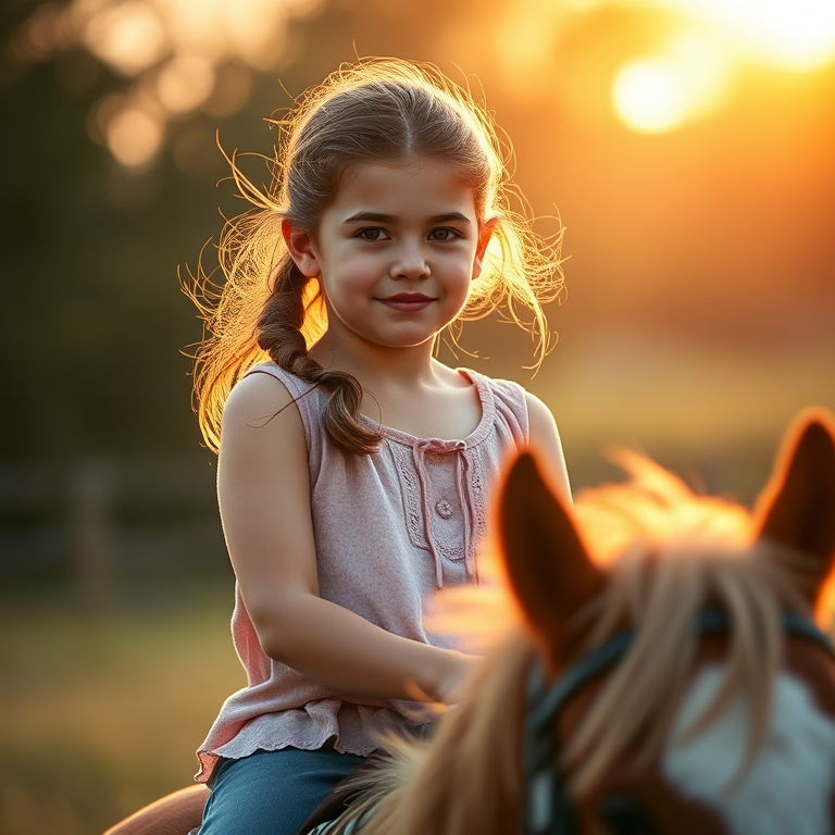 Capture a young girl riding a horse during golden hour, soft warm light illuminating her face, with a shallow depth of field; Canon EOS R5, 85mm f/1.8 lens, ISO 100, aperture f/1.8, shutter speed 1/200 sec, portrait mode.