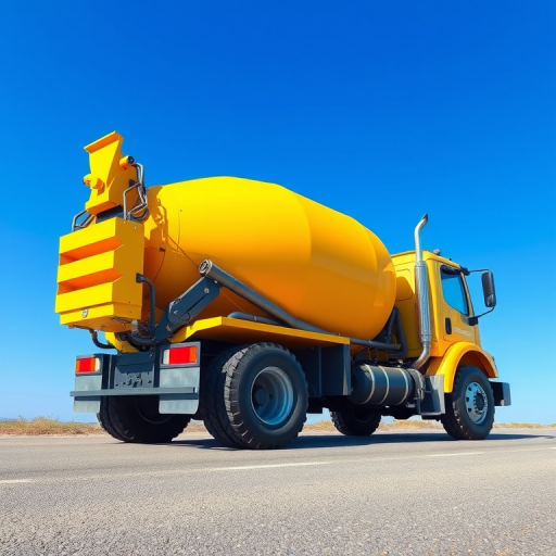 Create a vibrant digital illustration of a cartoon-style cement truck with a large yellow concrete drum, set against a bright blue sky, with a simple gray road beneath it, using a wide-angle lens at f/8 aperture, ISO 100, and a soft shadow for depth.