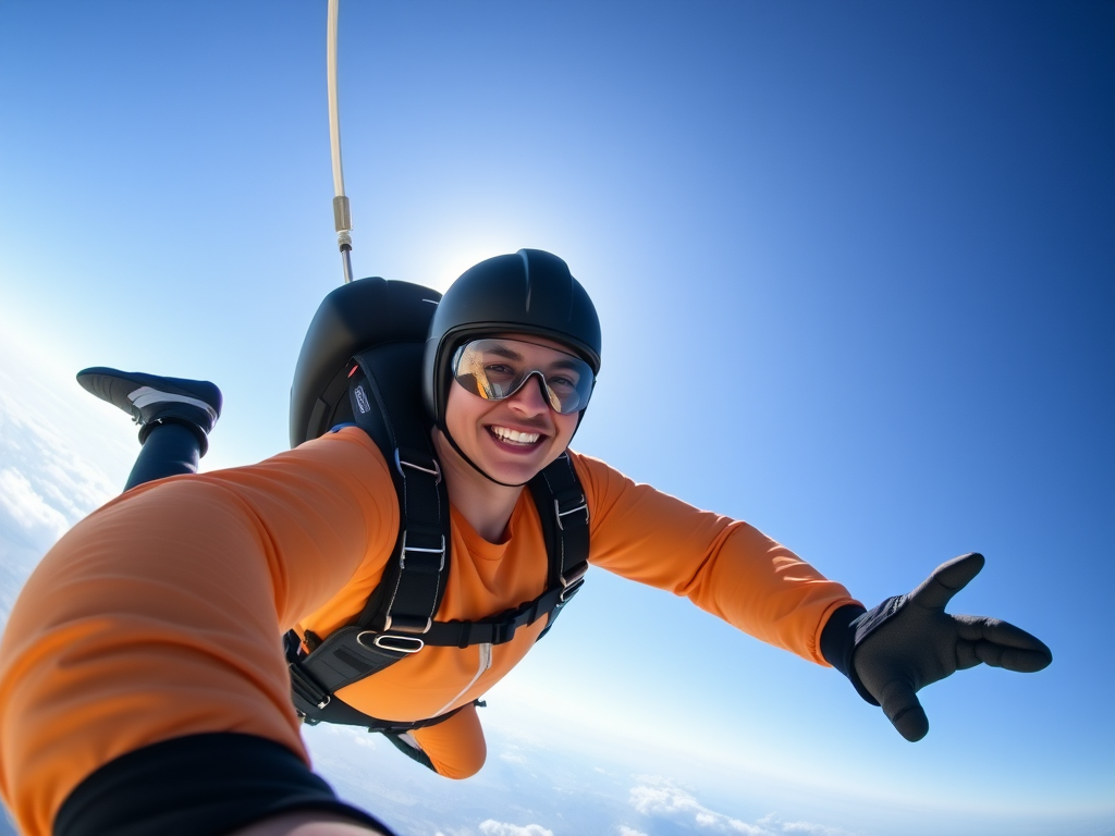 Create a high-resolution digital artwork of a tandem skydiving scene featuring a skydiver and an instructor against a bright blue sky, using a DSLR camera with a settings of f/5.6 aperture, 1/1000 shutter speed, ISO 200, and a wide-angle lens for dynamic perspective, capturing vivid colors and sharp details.