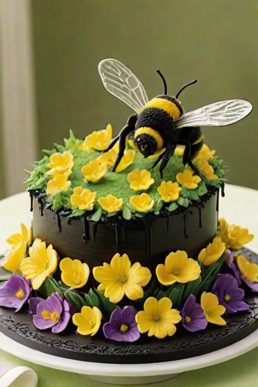 Create a realistic cake designed to look like a bumblebee. The cake should have vibrant yellow and black frosting, with intricate details for the wings made of sugar glass. Surround the cake with edible flowers and green foliage to enhance the presentation. The background should be softly blurred to emphasize the cake.