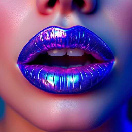 Electric blue holographic lips, titled "Cosmic Kiss," displaying an iridescent shift and futuristic appeal for bold, avant-garde makeup enthusiasts