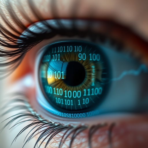 Create a close-up image of a human eye with intricate digital overlays featuring binary code, using a 50mm lens, f/1.8 aperture, ISO 100, 1/200 sec shutter speed, in natural light, with a soft focus on the background and high detail in the eye.
