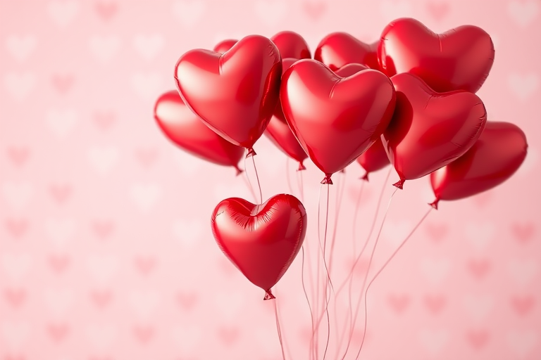 Create a digital illustration of a cluster of red heart-shaped balloons floating against a soft pink and white heart-patterned background, using a Canon EOS 5D Mark IV with an f/2.8 aperture, 50mm lens, and a shallow depth of field to enhance focus on the balloons while softly blurring the background.