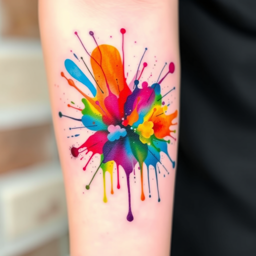 Watercolor splash tattoo named "Chromatic Explosion" featuring vibrant, abstract paint splatters and drips in a rainbow of colors, ideal for adding a pop of color to any body part