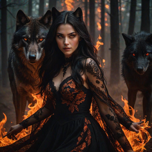 A woman with long dark hair, wearing a black lace dress that seamlessly blends into her skin with intricate floral patterns. She is in the foreground, with a black wolf beside her; its fur is midnight black, and it has glowing, intense, orange eyes that match hers. Her eyes are partially closed with burning embers above them, giving a fiery and mystical aura. The background is engulfed in tall, roaring flames, contributing to an overall dark and supernatural atmosphere. The colors are intense, predominantly black, fiery orange, and deep reds, with sharp contrast highlighting the mysterious and fierce theme. The flames are bright and dynamic, casting dramatic light and shadow, illuminating the woman and wolf while leaving parts in near darkness. The image evokes a sense of otherworldly power and connection between the woman and the wolf.