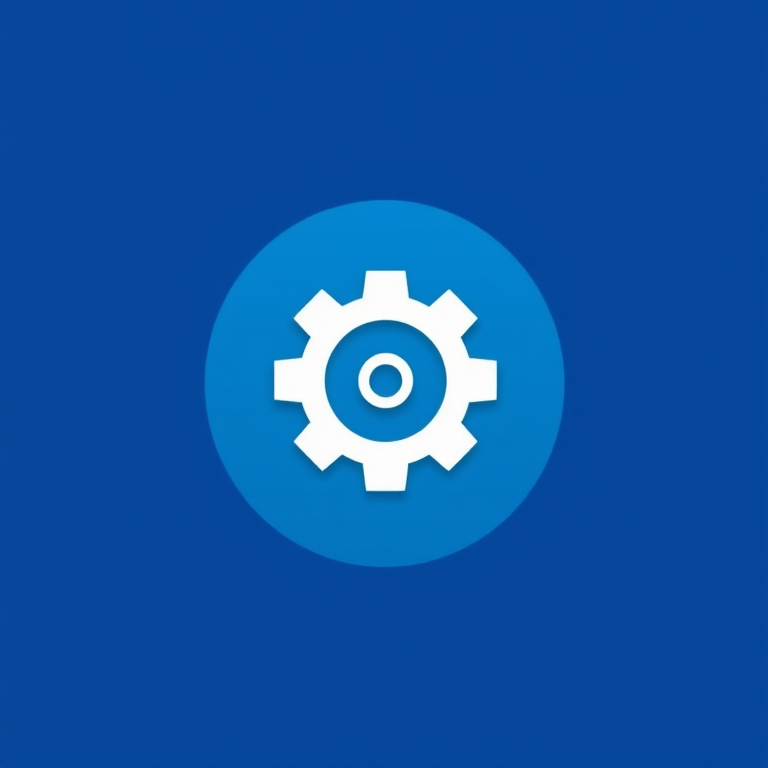 create a vector-style image of a white gear icon on a solid blue circle background, using a Canon EOS 5D Mark IV with a 50mm f/1.8 lens, aperture f/8, shutter speed 1/200s, ISO 100, and soft diffused lighting for clarity and detail