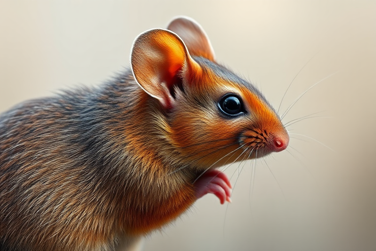 Create a highly detailed illustration of a brown mouse in profile view, with a focus on realistic textures and soft shadows, using a DSLR camera with a 50mm lens, aperture f/2.8, ISO 100, and a shallow depth of field to enhance image quality.