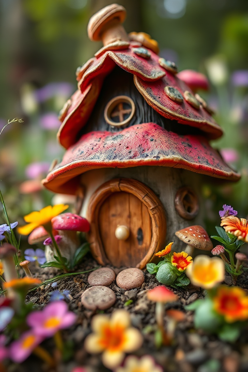 a whimsical fairy tale mushroom house surrounded by colorful flowers and small fungi, viewed from eye level, with soft focus background, taken with a Canon EOS R5, f/1.8 aperture, 50mm lens, natural lighting for vibrant colors and detailed textures