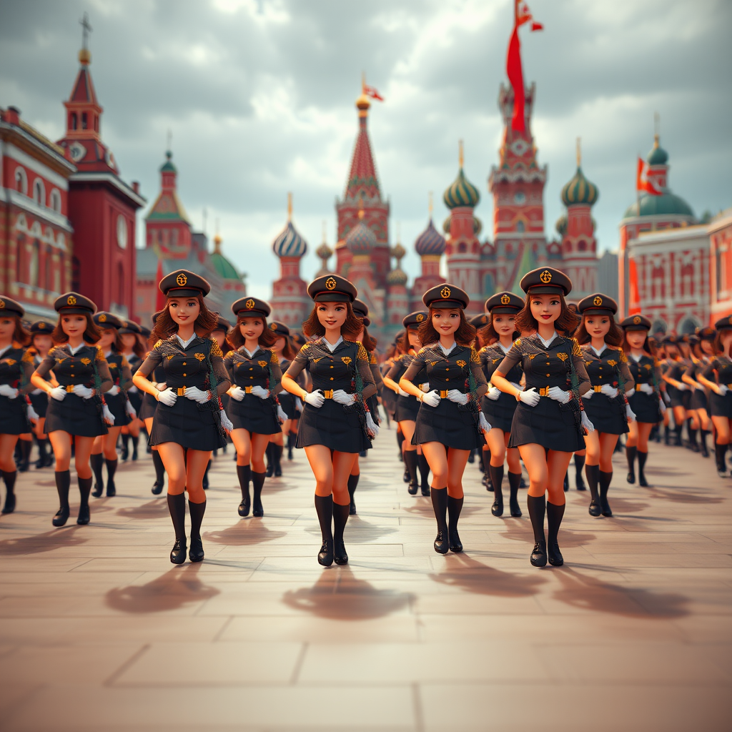 Cartoon 3D Military parade in Red Square in Moscow with military women wearing short skirts.