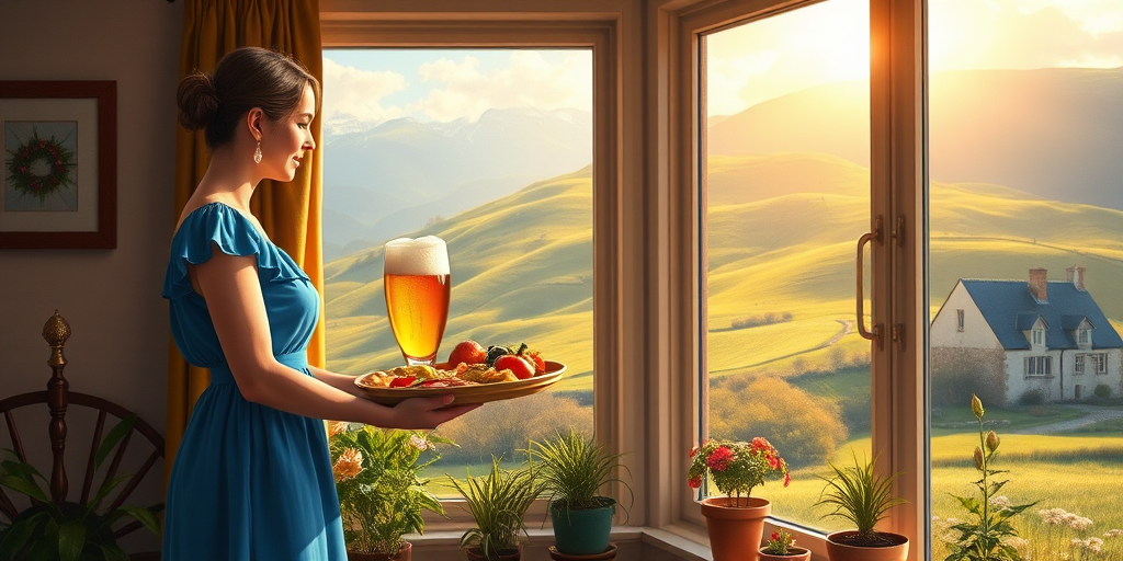 In "A Glass of Beer on the Highland," a serene scene is depicted in a sunlit room where a woman in a vibrant blue dress stands by a large window. She holds a tray with a hearty meal and a frothy glass of beer, embodying a moment of relaxation. Outside, the breathtaking highland landscape features rolling green hills and a charming traditional house, all bathed in warm afternoon light. The interior is adorned with potted plants, creating a harmonious blend of comfort and nature. The painting beautifully captures the tranquility and joy found in simple pleasures amidst stunning scenery