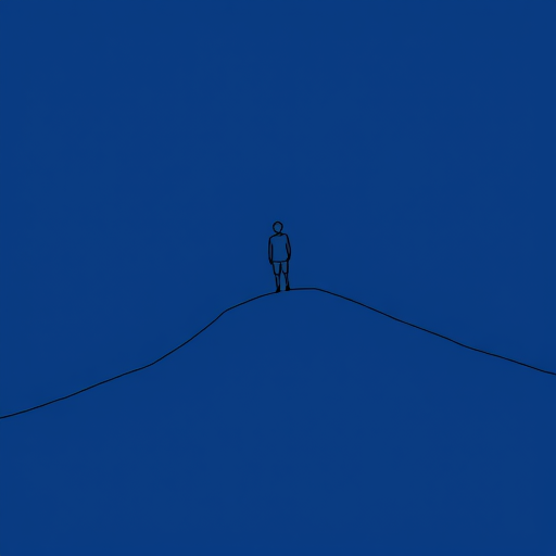 A minimalist line drawing of a figure standing on a hilltop, silhouette style, deep blue background, captured with a DSLR camera, 50mm lens, f/1.8 aperture, ISO 100, natural lighting.