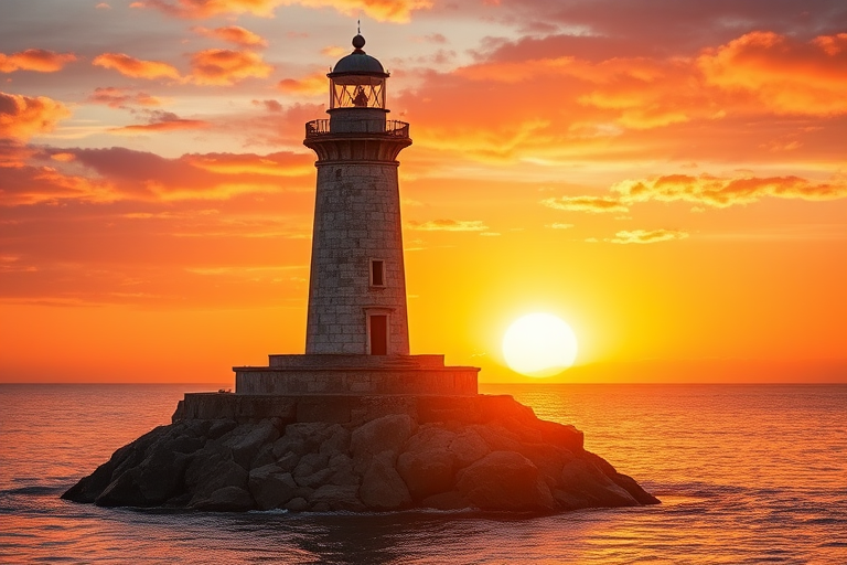 Generate an image of a tall lighthouse perched on a rocky outcrop surrounded by calm ocean waters during a breathtaking sunset. The lighthouse stands sturdy and weathered, its stone surface illuminated by the warm golden light of the setting sun. The sun's rays pass directly through the glass lantern room at the top of the lighthouse, casting a brilliant light across the scene. The sky is painted with vibrant shades of orange, pink, and purple, reflecting off the tranquil sea. The surrounding water shimmers with the same warm hues, creating a serene and majestic atmosphere.