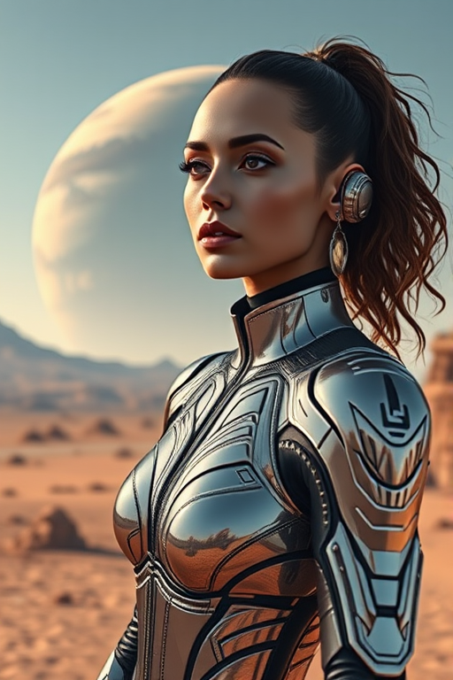 Create a high-resolution portrait of a futuristic woman in a metallic suit with intricate details, set against a surreal alien landscape with a large planet in the background, shot with a Canon EOS R5 at f/1.4, ISO 100, 50mm lens and a dramatic lighting style to enhance reflections and textures.