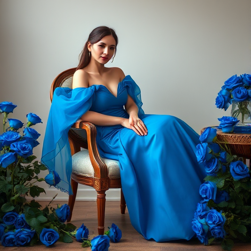 Capture a woman in a flowing blue gown sitting gracefully on a vintage chair, surrounded by vibrant blue roses, soft natural lighting, shallow depth of field, 50mm lens, f/1.8 aperture, ISO 200, soft focus background, warm color grading.