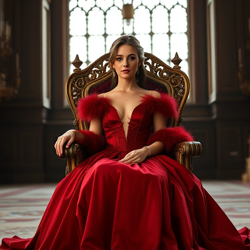 portrait of a regal woman in a luxurious red gown with fur trim sitting on a throne in a grand castle interior, soft natural lighting, f-stop 2.8, ISO 100, 85mm lens, shallow depth of field, DSLR camera