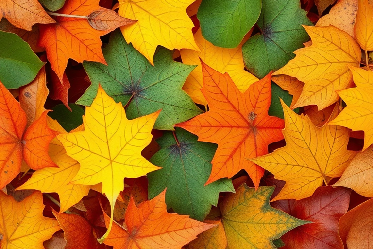 Capture a close-up flat lay of a variety of autumn leaves in vibrant colors including green, yellow, orange, and red, ensure a depth of field that keeps all leaves in sharp focus, use a macro lens at f/8, ISO 200, shutter speed 1/60s, natural daylight to enhance texture and detail, taken with a DSLR camera.