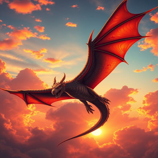 Create a highly detailed digital illustration of a majestic dragon soaring through a vibrant sunset sky, with enhanced colors and sharp details, using a DSLR camera type, with a focal length of 50mm, aperture set to f/2.8, ISO 100, and a cloudy background for contrast.