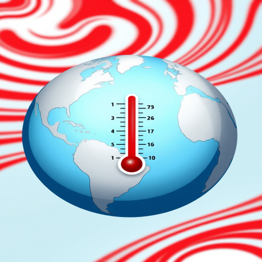 Create an illustration of a globe with a thermometer symbol, featuring vibrant red and white swirling patterns in the background, shot with a DSLR camera at f/8 aperture, ISO 100, using a wide-angle lens at 24mm, and employing a soft focus style for a modern and clean look.