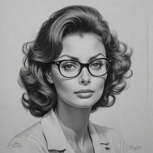 Resplendent Sophia Loren, pencil sketch, portrait of Magnificent woman 1940s in glasses, hair style beatnik, outline, clear lines, fine lines, 8k
