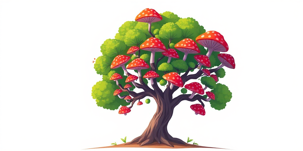 Generate a vibrant cartoon-style tree with colorful mushroom-shaped leaves in shades of green, red, and purple against a simple background, taken with a Canon EOS 5D Mark IV, 50mm lens, f/2.8 aperture, ISO 100, in natural light.