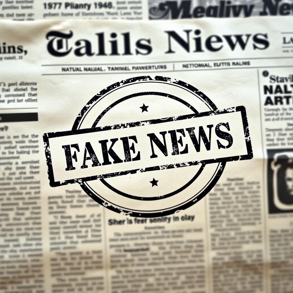 Create an image of a newspaper with the bold, distressed stamp "FAKE NEWS" across the center, using a macro lens for detailed texture, aperture set at f/4 for a slightly blurred background, shot in natural light to enhance contrast, and in a flat lay style for an engaging perspective.