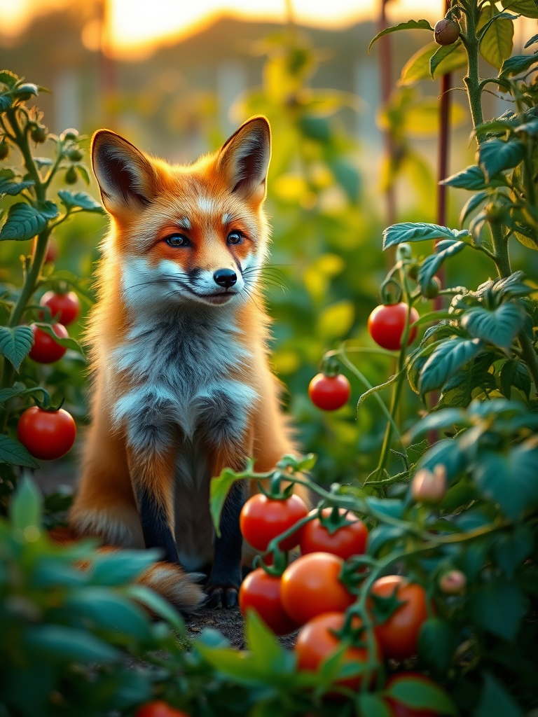 A vibrant red fox sitting among lush green plants and ripe tomatoes in a garden at golden hour, captured with a DSLR camera, 85mm lens, f/2.8 aperture, ISO 100, shallow depth of field for a dreamy background blur.
