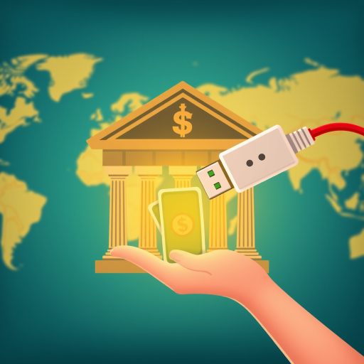 Create an illustration of a bank building and a hand receiving cash, with a USB plug connecting them, set against a world map background, captured with a DSLR camera at f/4.0 aperture, ISO 100, and a 50mm lens for sharp detail.