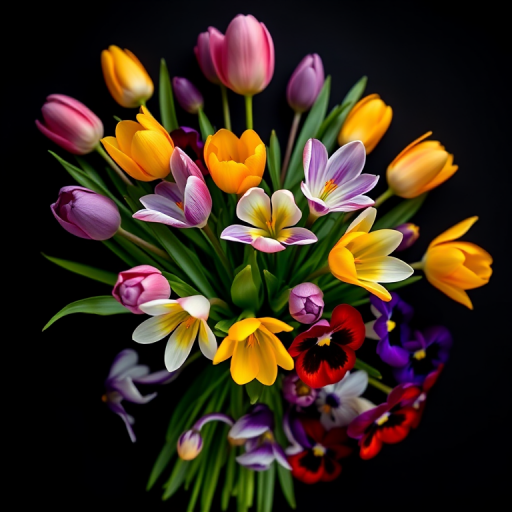 Create a vibrant bouquet of tulips, crocuses, and pansies arranged artistically on a black background using a DSLR camera with a 50mm lens, aperture set to f/2.8, ISO 100, shot from a low angle to enhance depth of field and detail.