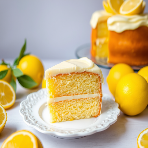 A delicious slice of lemon cake with creamy lemon frosting on a decorative white plate surrounded by fresh lemons and a whole lemon cake in the background. The scene captures a bright and fresh atmosphere perfect for a dessert display.