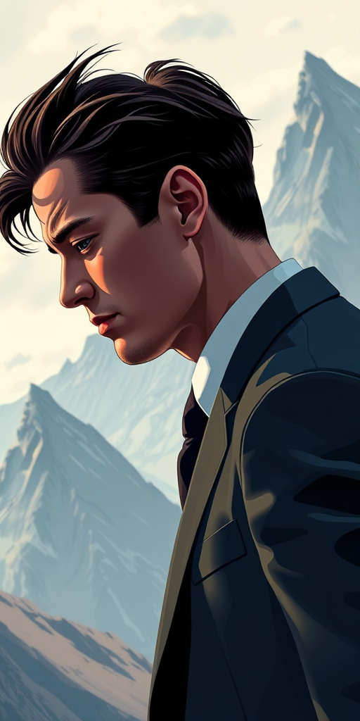 create a detailed illustration of a man in a suit looking downcast against a backdrop of sharp, jagged mountains, using a digital painting style with high contrast colors and dynamic lines, set at 35mm focal length, f/5.6 aperture, ISO 100, in an isometric view, simulated with soft lighting to enhance texture and depth