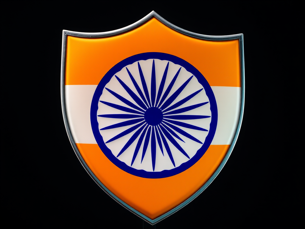 Generate a high-resolution image of a shield featuring the Indian national flag with vibrant orange, white, and green colors, incorporating a blue Ashoka Chakra in the center, using a Canon EOS 5D Mark IV, aperture of f/8, ISO 100, 50mm lens, and a frontal view for sharp clarity and vivid colors.