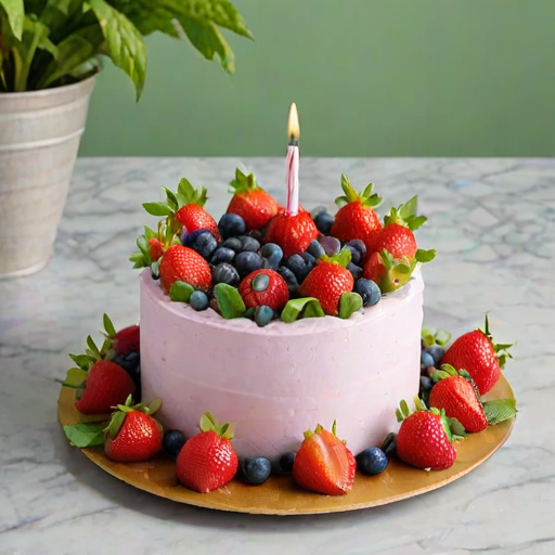 Create an image of a birthday cake that is vibrant and visually appealing. The cake should be decorated with a variety of fresh fruits like strawberries, blueberries, green grapes, and dragon fruit. Add a decorative birthday topper that says "Happy Birthday" in a playful font. Surround the cake with some fresh mint leaves for added freshness. The background should be simple and elegant to highlight the beauty of the cake.