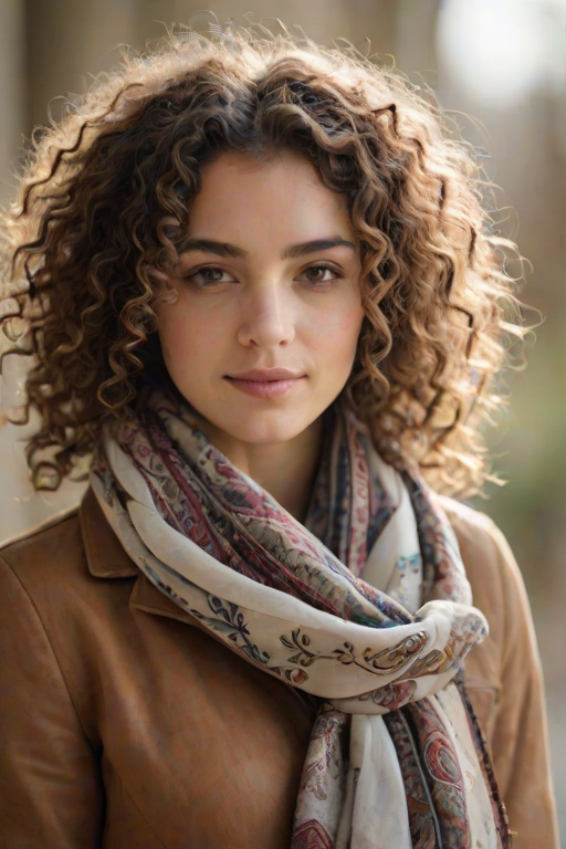 Create an intimate portrait of a young woman with curly hair wearing a patterned scarf, captured in natural light with a soft background.