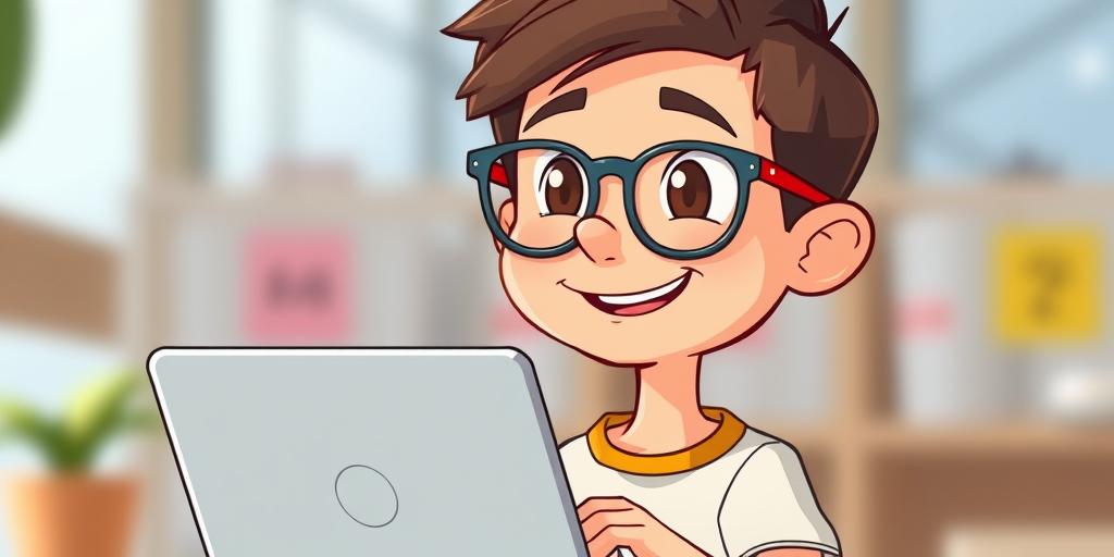 Create an illustration of a cartoon character with short hair wearing glasses, holding a laptop with a friendly smile, in a bright and vibrant style, captured with a Canon EOS R5 at f/8, ISO 100, 50mm lens, natural lighting, shallow depth of field, frontal view.