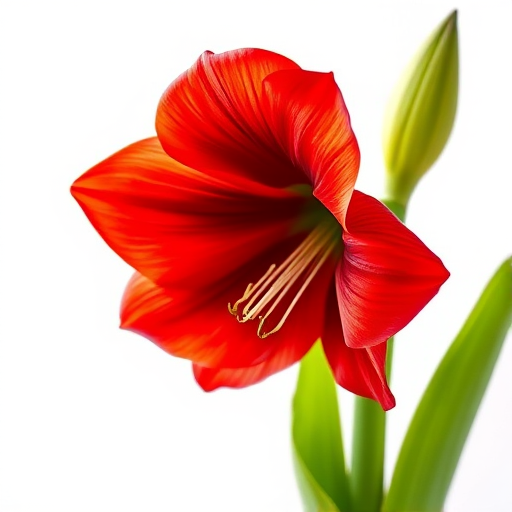 Generate a vibrant, high-resolution artistic illustration of a red amaryllis flower with green leaves on a white background, using a DSLR camera with a 50mm lens, f/2.8 aperture, 1/200 sec shutter speed, and a soft focus effect for a dreamy aesthetic.