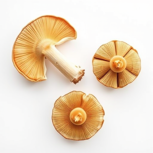 Create a high-resolution image of three mushrooms on a white background, using a DSLR camera with a 50mm lens, f/2.8 aperture, ISO 100, top-down view, natural lighting, and a shallow depth of field for enhanced focus on the mushrooms.