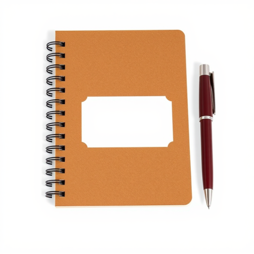 Create a high-resolution illustration of a closed brown spiral notebook with a blank label on the cover and a maroon fountain pen beside it, using a Canon EOS 5D Mark IV with a 50mm f/1.8 lens, Aperture f/4, ISO 100, and soft natural lighting for a clean and professional look.