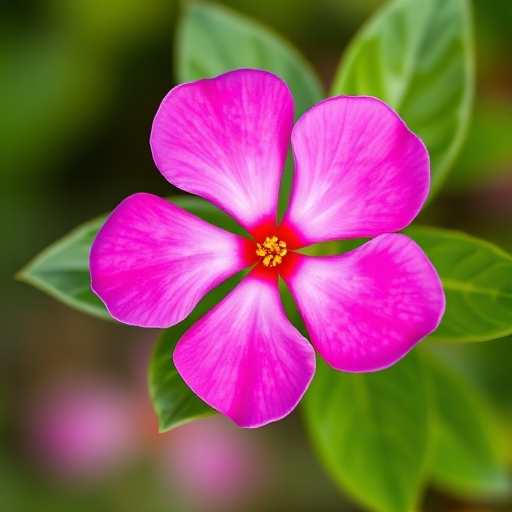 Create an image of a vibrant pink flower with five petals featuring a central yellow stamen, alongside two lush green leaves, using a macro lens with a shallow depth of field, f/2.8 aperture, ISO 100, 50mm focal length, soft natural lighting to enhance colors and details.