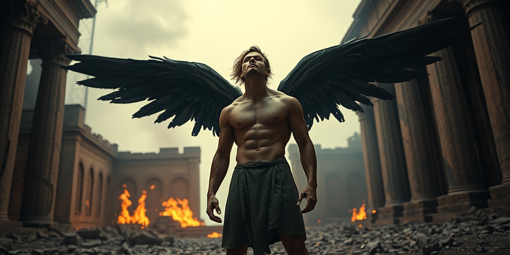 A muscular angelic figure with large dark wings standing in a ruined temple with flames in the background, captured using a DSLR camera, 50mm lens, f/1.8 aperture, ISO 200, low angle view, dramatic lighting to enhance the ethereal atmosphere.