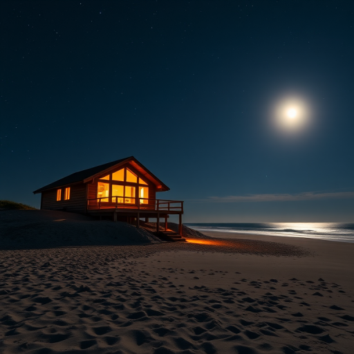 A serene beach scene at night with a cozy wooden house illuminated by warm lights, under a starry sky with a bright moon, using a Nikon D850, 24mm lens, f/2.8, ISO 800, long exposure, soft focus, high dynamic range.