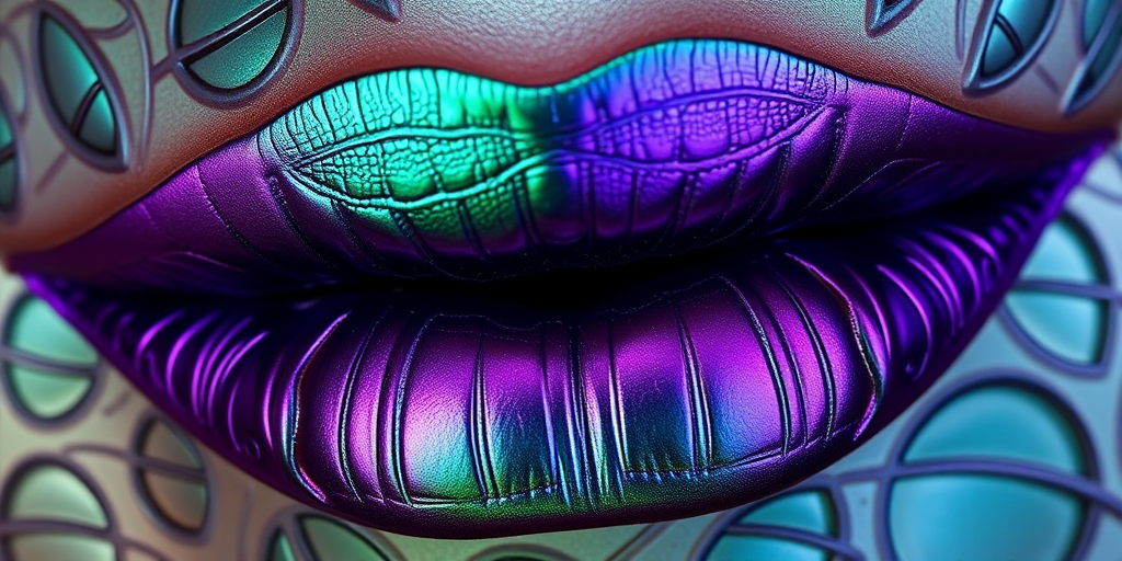 Duochrome lips shifting between deep emerald and royal purple, named "Enchanted Forest," with a metallic finish and intricate leaf-like patterns embossed on the surface
