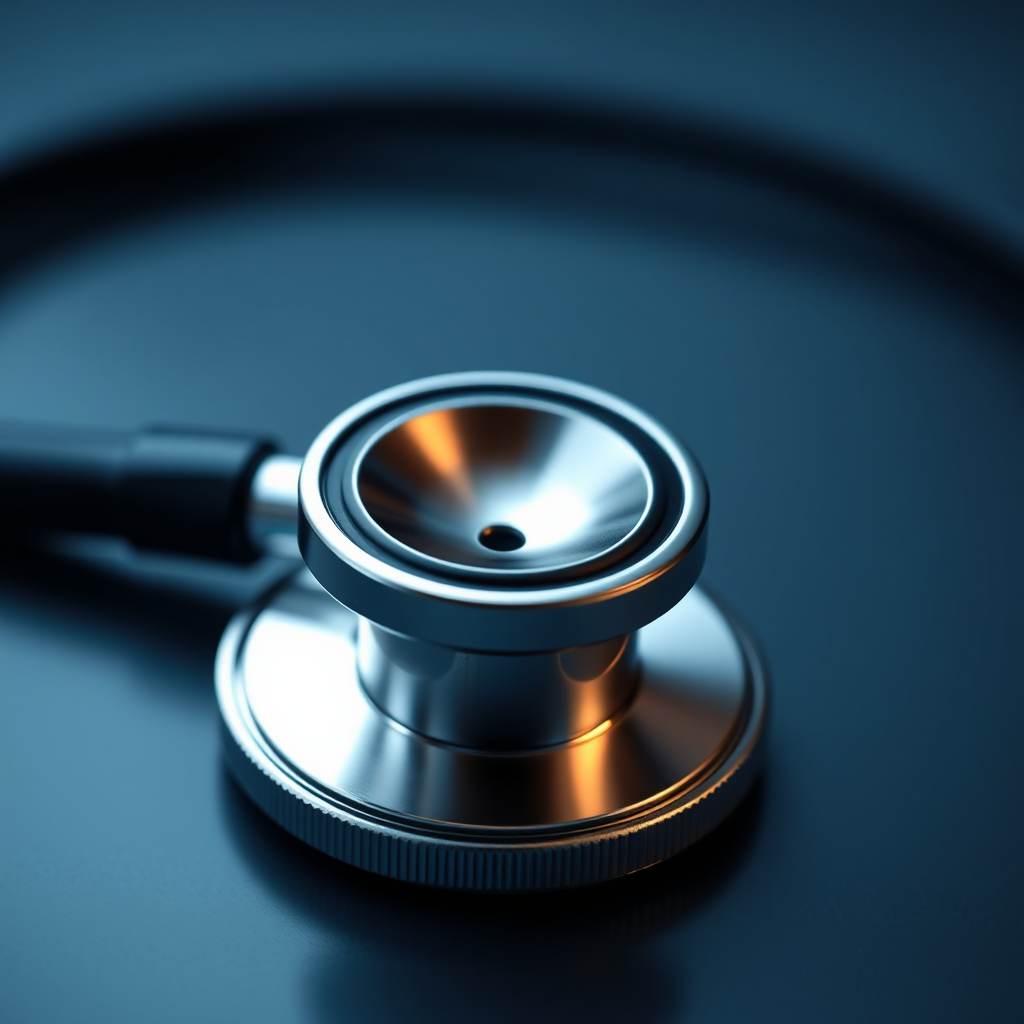 Create a high-resolution vector image of a stethoscope with a clear focus, using a professional DSLR camera set to f/2.8 aperture, ISO 100, 50mm lens, with a shallow depth of field.